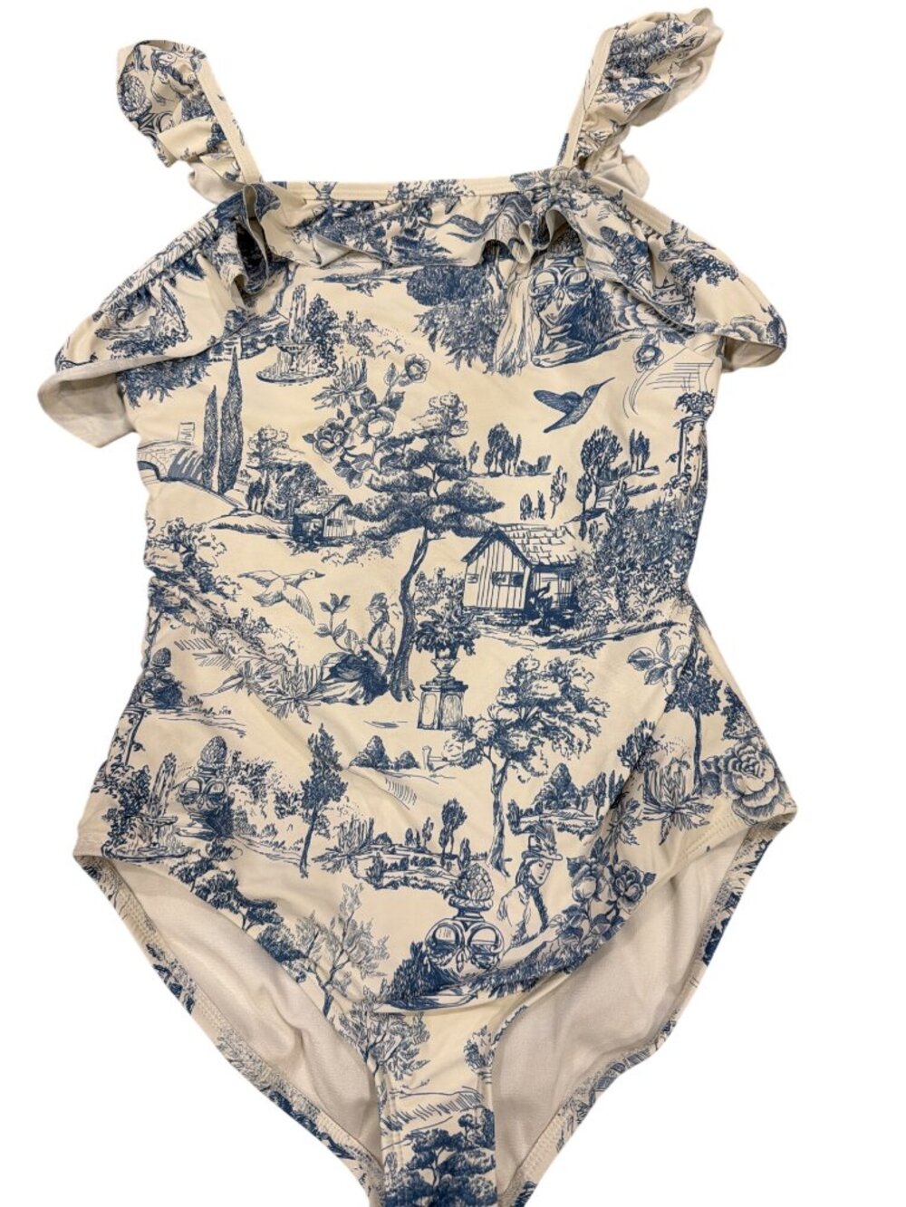 GB Big Girls 16 Blue & White Toile Print Ruffled One-Piece Swimsuit